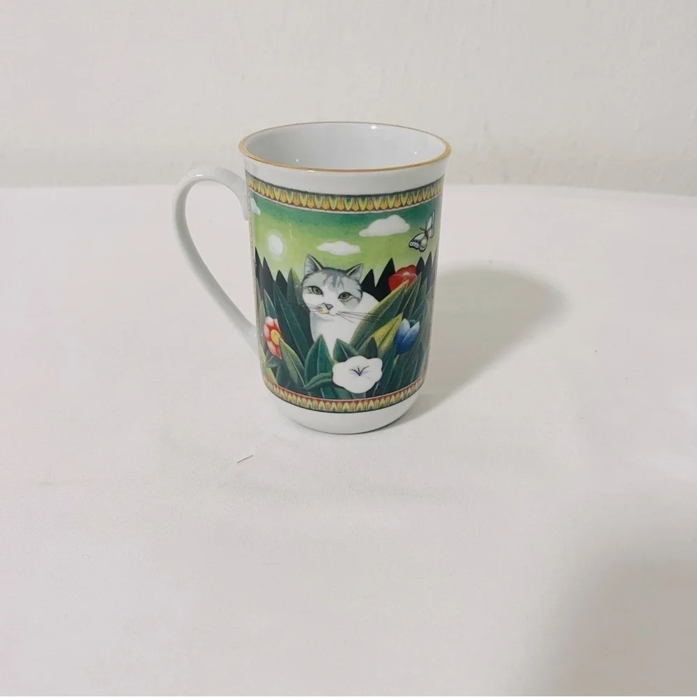 Vintage Russ Berrie Four Seasons Majestic Cat Mug Coffee Tea Beautiful Green
